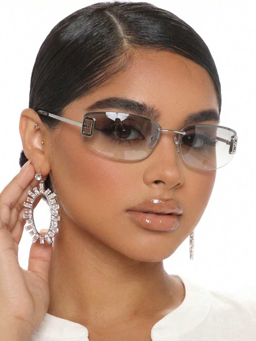 1副女士银色猫眼半框金属镜腿渐变镂空镜片Y2K街头风时尚眼镜 - 銀框漸水銀 - 查看 1