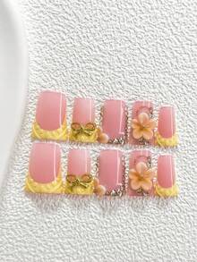 10pcs Bright Yellow Series Nail Stickers, Handmade Manicure Set, Gold Bow Nail Art Decor, Shiny Champagne Rhinestone Accents, Handmade Floral Art Decor, Yellow Textured Gel Nails, 3 Sizes Available: Almond, Duck Mouth, Coffin, Includes Tool Kit, Suitable For Women & Girls, Suitable For Parties, Celebrations, Birthdays, Daily Wear Nail Supplies - Multicolor - View 2