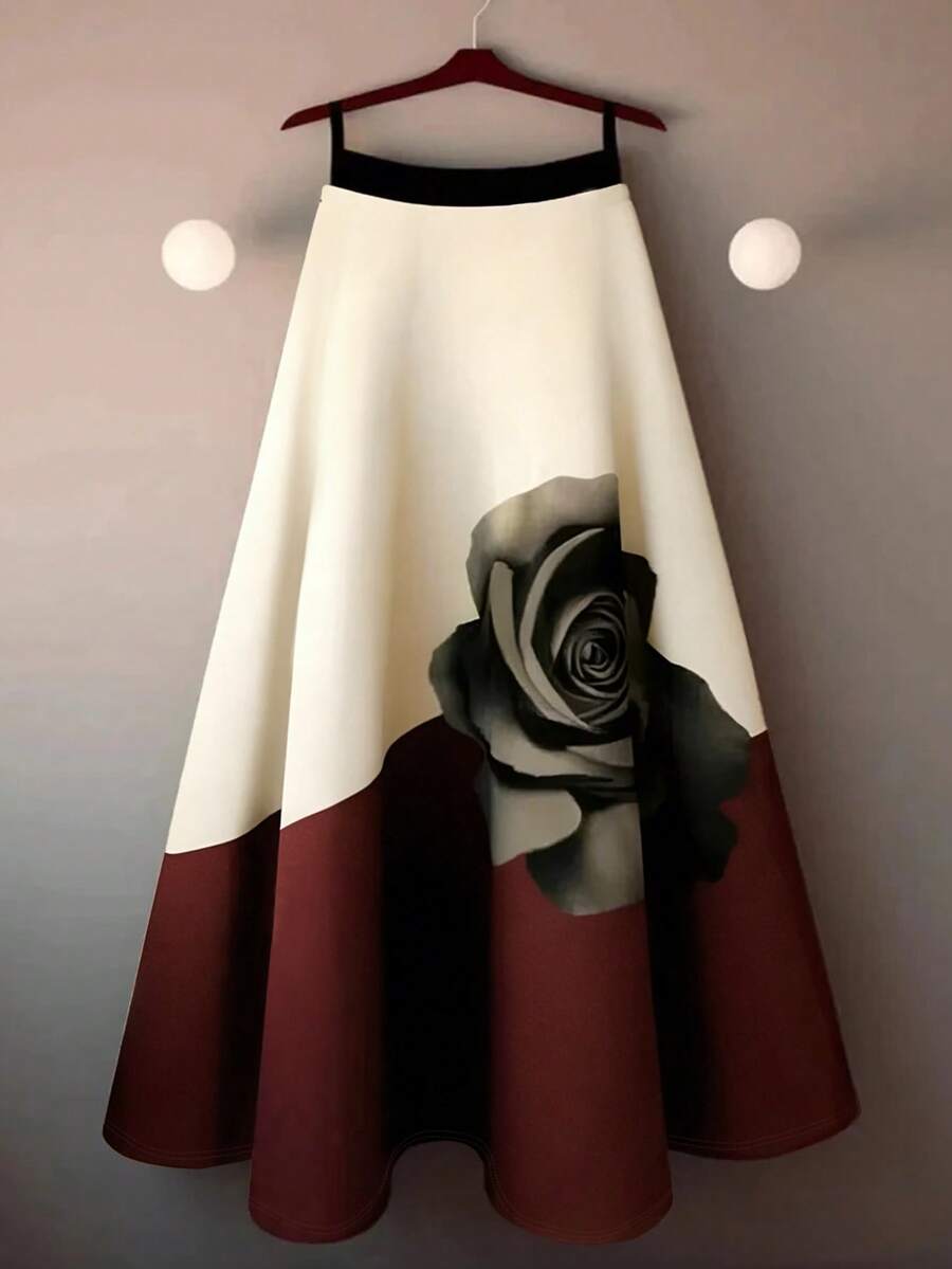 黑色玫瑰印花高腰半身裙，复古百搭款，适合所有季节，春季皆宜。