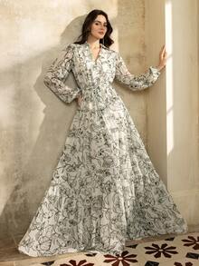 Faeriesty Elegant Shirt Collar Printed Mid-Length Dress: Layered Ruffle Hem Puff Sleeve Dress, Front Button Closure, Adjustable Waist Tie, Lightweight And Flowing Fabric - Perfect For Garden Weddings, Boho Bride Photoshoots, Romantic Getaways, Outdoor Celebrations, And Destination Vacations. Party - White - View 6