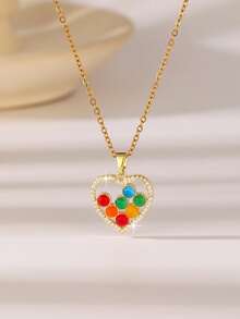 1pc Elegant Pendant Necklace, Stainless Steel Cubic Zirconia Decorated Heart Geometric Pattern Pendant Necklace, Exquisite Holiday Gift For Women, Suitable For Valentine's Day, Mother's Day, Birthday - Yellow Gold - View 4