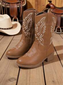 1双儿童刺绣西部风格尖头粗跟侧拉链中筒时尚靴，棕色儿童中筒靴，童靴，女童靴，女童鞋，儿童鞋，圣诞节礼物，儿童礼物，女童鞋，冬靴，靴子，过膝靴，切尔西靴，儿童高跟鞋，棕色靴子，童靴，女童鞋，儿童鞋，我女儿的靴子 - 棕色 - 查看 11