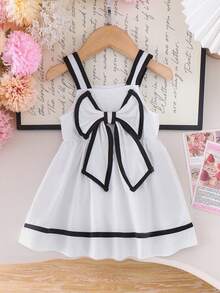 Baby Girls' Sweet Minimalist Black & White Contrast Bow Decor Waist Strap Dress, Summer - White - View 1