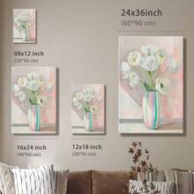 1pc Valentine Wall Art, Token Of Love, A Pink Framed Wall Art, Wrapped Canvas Poster Vintage Prints, White Flowers In Vase, Green Stems, Striped Pattern Vase - Botanical, Watercolor, Soft, Delicate Style, Birthday Party Decor, Decorative Wall Art for Living Room Bedroom Office, Hanging Hardware Included - Wrapped Framed Canvas, Vertical - Lienzo enmarcado - Ver 10