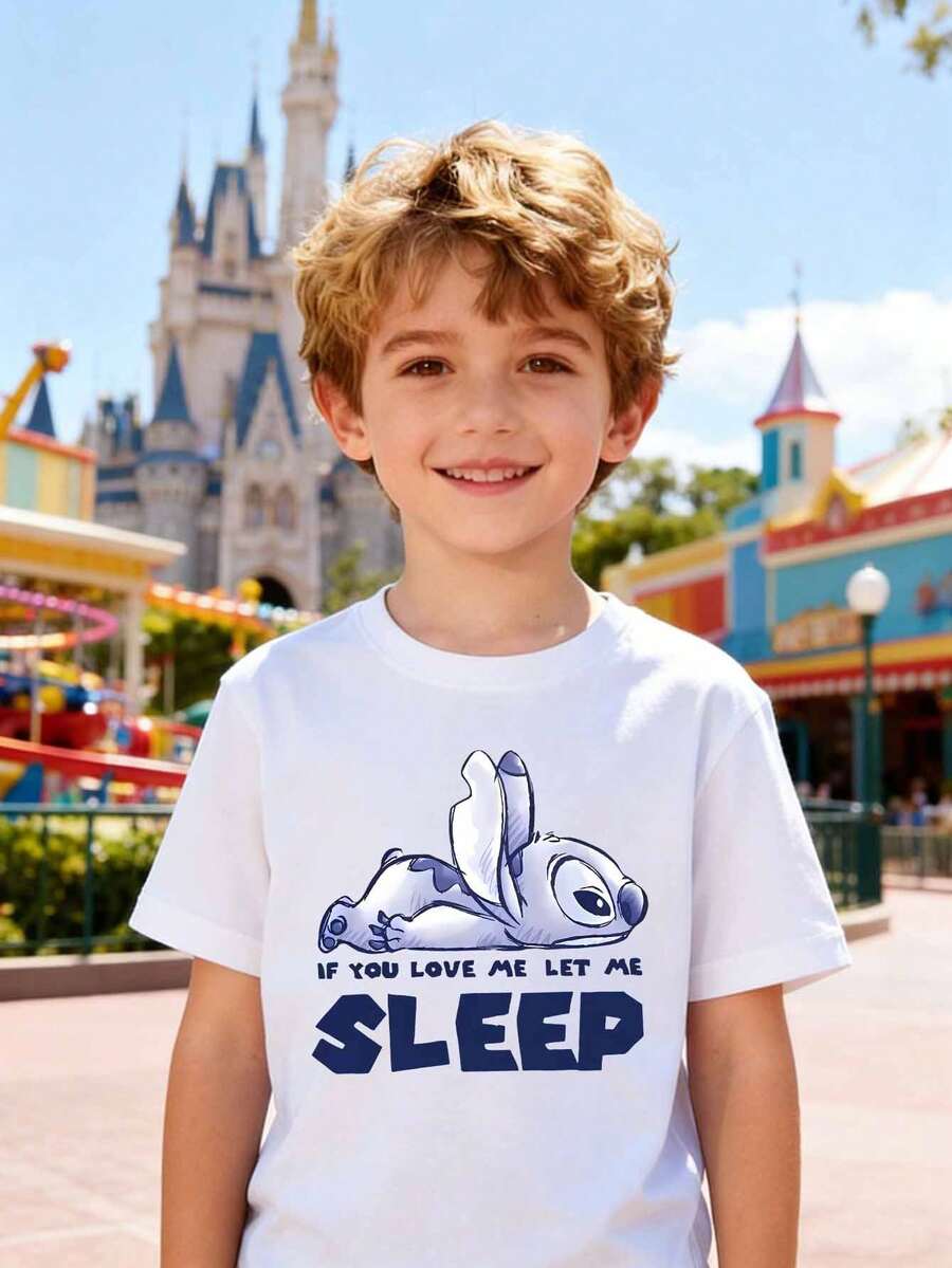 Disney Boys' T-Shirt, Creative Stitch Alphabet Cartoon Print, Summer Cotton Crew Neck Short Sleeve For Boys, Suitable For Everyday Wear, Vacations, Outdoor Activities, And As A Gift For Children. - 白色 - 查看 1