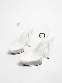 大码水晶细高跟透明系带防滑露趾防水厚底超高跟凉鞋，适合T台走秀、车模、角色扮演等场合 - 白色 - 查看 5