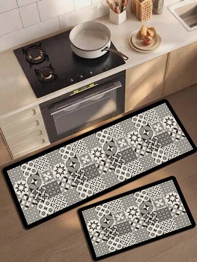 1pc Black & White Patterned Floor Mat, Kitchen Rug, Kitchen Mat, Kitchen Carpet, Doormat, Small Rug, Carpet, Runner Rug, Floor Mat, Home Decor, Area Rug, Outdoor Mat, Home Decor, Area Carpet, Bedroom Rug, Washable Carpet