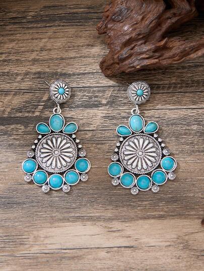 1 par de pendientes con forma de herradura de estilo vintage occidental con turquesa blanca para mujer, pendientes bohemios, para uso en festivales, regalo