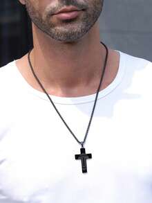 1pc Stainless Steel Black Rugby Cross Necklace, Classic Faith Design, Engraved Prayer, Non-Fading, Suitable For Men - Black - View 3