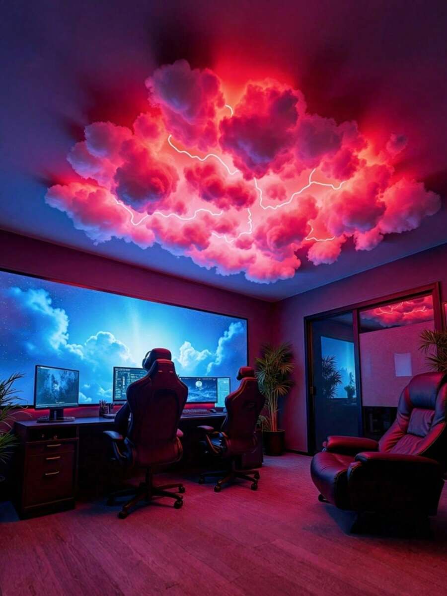 Set Includes 157.48-Inch DIY Lightning LED Light Strip, USB-Powered Wall-Mounted Large Cloud-Shaped Lamp Made Of ABS Resin Material, Dimmable, App-Controlled To Create A Colorful Ambiance For Night Lighting. - Nhiều màu - Xem 1