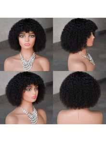 女士多色非洲卷发假发，短款蓬松卷发，带刘海，弹性蓬松真人发，无需胶水即可佩戴，适合日常、派对、角色扮演，12英寸 - 彩色 - 查看 2