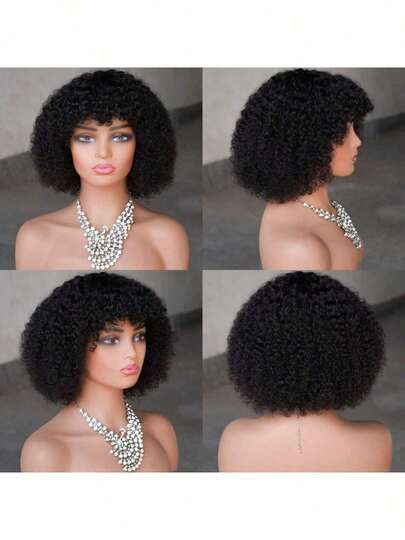 女士多色非洲卷发假发，短款蓬松卷发，带刘海，弹性蓬松真人发，无需胶水即可佩戴，适合日常、派对、角色扮演，12英寸