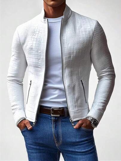 Fashionally Tailored Coat For Men, Stylish Business Casual Jacket With Crocodile Skin Texture, Minimalist Pure Color Design