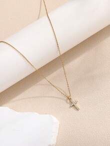 1pc Women's Minimalist Single-Layer Cubic Zirconia Inlaid Cross Pendant Necklace, Suitable For Daily Wear - Yellow Gold - View 7