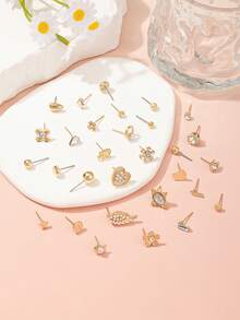 Set de 30 piezas de aretes de moda minimalista, con diseños de cristal, perla artificial, copo de nieve brillante de metal, corazón, gota de agua y estrella, adecuado para uso diario casual de mujeres, regalo para fiestas - Amarillo Oro - Ver 3