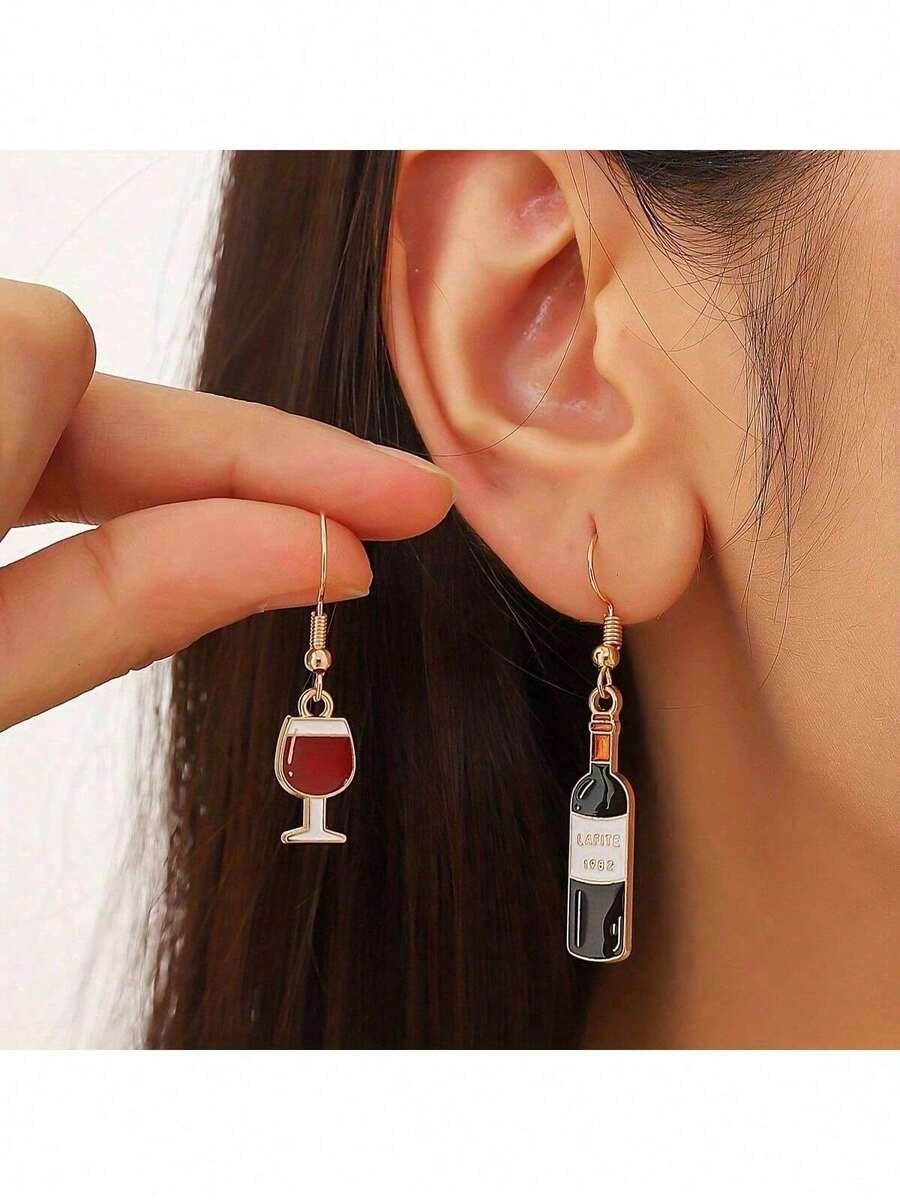 Pendientes creativos de aleación de copa de vino tinto, divertidos pendientes de botella de vino de dibujos animados - HJ19 - Ver 1