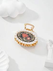 女士发饰，锌合金材质，圆形图案雕刻向日葵，饰以珍珠和水钻，适合工作、派对、庆典、生日礼物、旅行等场合佩戴。 - 彩色 - 查看 3