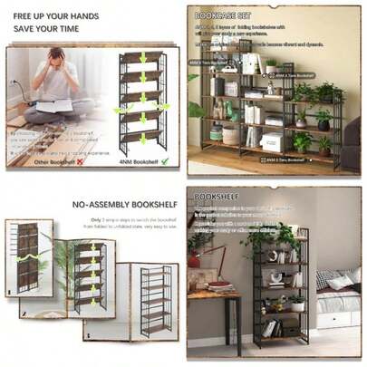 6 Tiers No Assembly Book Shelves, 61.8 Inch H Folding Bookshelf Bookcase Open Industrial Foldable Shelves Bedroom, Living Room, Home Office - Rustic Brown Black