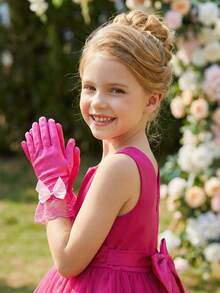 1 Pair 3-10Y Kids Satin Smooth Elastic Bow Gloves, Rose Red Series - 1Pair - View 5