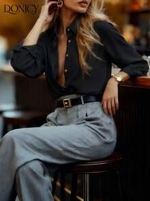 DONICY 女士纯色衬衫领单排扣开衫，时尚优雅简约百搭黑色外套，适合通勤、休闲、学习、商务、正式场合、约会和购物等各种场合。 - 黑色 - 查看 7
