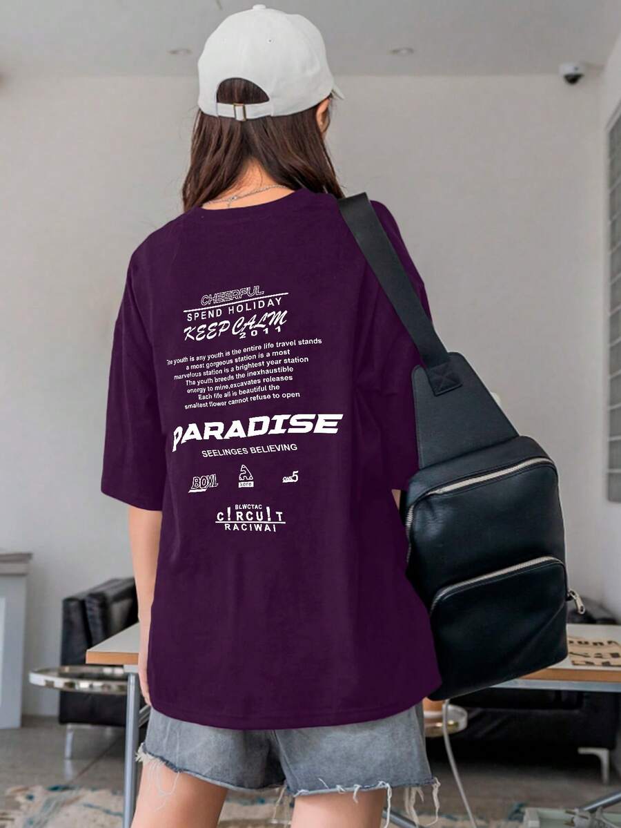 Women's Oversized Printed T-Shirt - Cheerful Paradise Phrase - Loose, Casual, Stylish, Modern, And Cool Blouse - 紫色 - 查看 1
