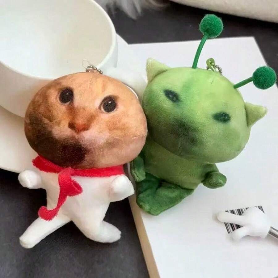 1个可变形绿色外星猫毛绒玩偶，趣味创意猫玩偶吊坠 - 彩色 - 查看 1