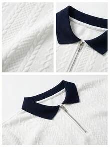 Camisa polo de media cremallera con textura jacquard y contraste de color para hombre, estilo casual minimalista urbano maduro de caballero británico - Blanco - Ver 5