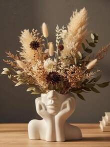 人头造型艺术花瓶，现代家居及办公装饰，优雅礼品之选，简约白色桌面摆件，独特雕塑花瓶，内含香蒲草及干花，手工风格装饰品，适用于客厅、卧室或书桌，创意室内设计点缀，时尚干花花瓶，当代艺术品 - 多色 - 查看 1
