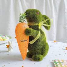 Adorno de conejito de Pascua, bonito adorno de escritorio de pie con flocado, cesta de regalo para decoración del hogar - Verde - Ver 3