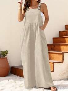 Plus Size Women's Pleated Wide Leg Casual Solid Color Bib Pants, Autumn/Winter - Apricot - View 2