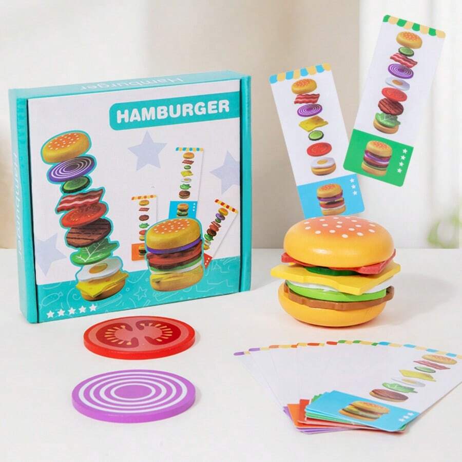 1pc Wooden Hamburger Stacking Game, Food Themed Matching Toy With Flashcards, Suitable For Children 2+