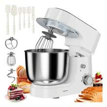 KOKILA Batidora de pie multifuncional de 6,5 cuartos con 10 configuraciones de velocidad - incluye un gancho para masa, batidor y paleta para mezclar, adecuada para hornear, hacer pasteles, etc. - diseño de cabezal inclinable fácil de usar, base antideslizante, tazón para mezclar de acero inoxidablee, pasteles, galletas, pizza, magdalenas, ensaladas y mucho más - Plateada - Tipo de Enchufe A USA (110-127V) - Ver 10