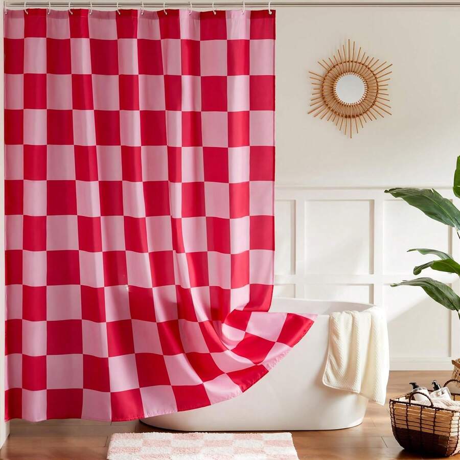 1 chiếc rèm tắm phòng tắm kẻ caro hồng bóng - Chất liệu polyester bền, không cần móc treo, có thể giặt máy, phù hợp với trang trí phòng tắm hiện đại, phụ kiện phòng tắm, quà tặng ngày Valentine, món quà tuyệt vời nhất. - Nhiều màu - Xem 1