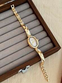 1pc Women's Oval Silver-Black Dial Gold-Tone Quartz Casual Watch, Suitable For Daily Wear - White - View 7