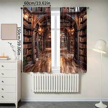 2pcs Library Bookshelf Pattern High-Definition Digital Printing Decorative Curtains, Semi-Transparent Polyester Material, Fade-Resistant. Can Be Hand-Washed Or Machine-Washed, Rod Pocket Hanging, Suitable For Bedroom And Living Room Decoration, Home Decorative Curtains - Multicolor - View 7
