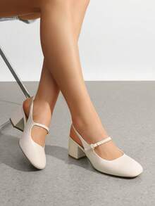 Women's Mary Jane Low Chunky Heels Slingback Closed Square Toe Dress Shoes Elegant Wedding Party Work Office Pumps Shoes - Màu be - Xem 3