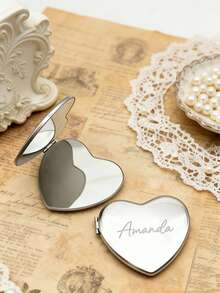 Personalized Engraved Heart-Shaped Makeup Mirror, Customized Silver Pocket Makeup Mirror, Can Be Engraved With Name, Perfect Bridesmaid, Wedding, Birthday And Anniversary Gift, Christmas Beauty Accessory - Multicolor - View 2