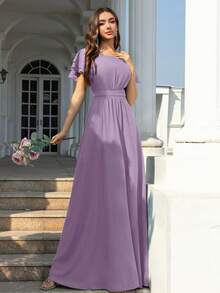 Volly Toych Elegant Modest Chiffon Maxi Bridesmaid Dress With Scoop Neck And Flounce Short Sleeves Draped Ruffle Classy Vacation Style - Dusty Purple - View 6