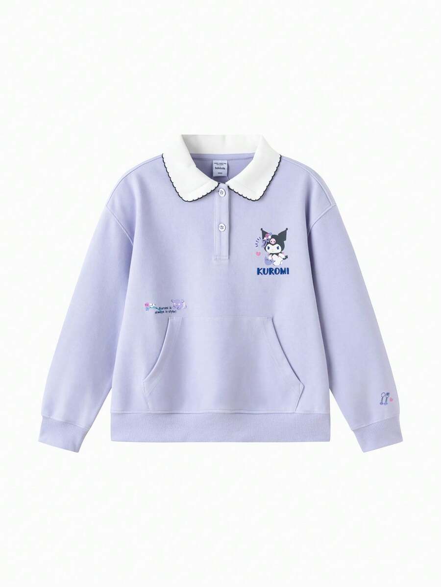 Balabala Sanrio Tween Girl Half-Zip Sweatshirt, Hello Kitty & Friends Print, Easy Wear Design, Lightweight Comfort, Spring School Style - Pink Purple - View 1