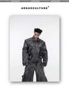 Conjunto de mezclilla para hombre chaqueta con cremallera y pantalones cargo de estilo retro vintage con bolsillos grandes efecto desgastado  urbana casual - Pantalones gris oscuro - Ver 5