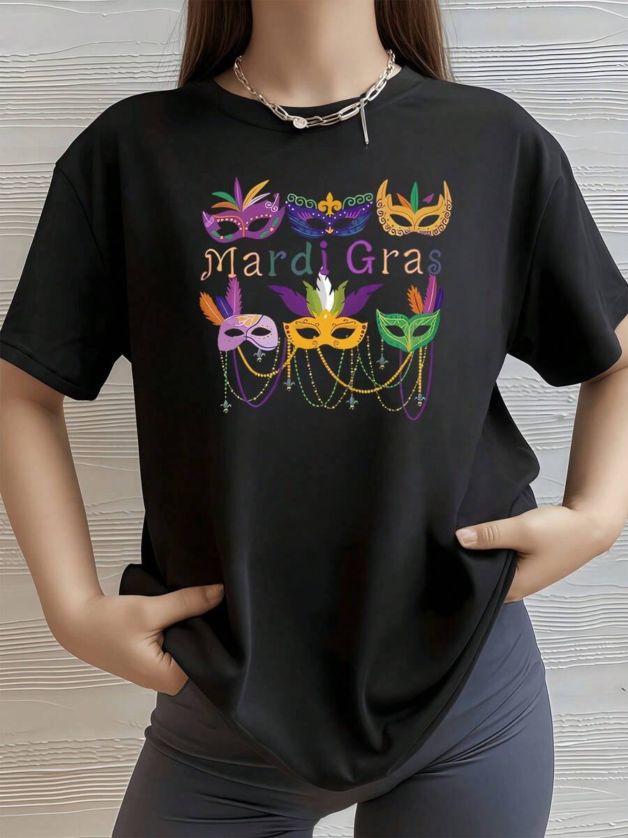 Máscaras coloridas con cuentas y plumas que evocan la alegría y tradición del carnaval Mardi Gras camiseta de mujer 100% algodón 220g - Negro - Ver 1
