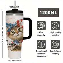 1pc 40oz Patriotic 4th Of July Stainless Steel Water Bottle With Handle And Straw - Insulated Leakproof For Fitness, Outdoor, Office - American Flag Design With Cute Cat Pattern, "Meowica" Patriotic Theme, 304 Stainless Steel, Perfect Holiday Gift For Adults, Outdoor Hydration, Holiday Theme, Durable Construction, Fitness Enthusiast Durable Stainless Steel Water Bottle With Detachable Cup For Daily Use, Water Bottle Coffee Bar Essentials| Perfect Grandpa Grandma & Best Friend Gifts - 黑色 - 查看 8