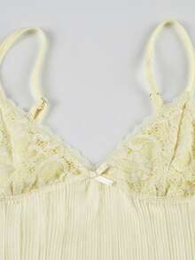 Women's Pleated Chiffon Camisole Tops Stylish Solid Color Bow Lace Trimmed Sleeveless Spaghetti Strap Vest - Yellow - View 6