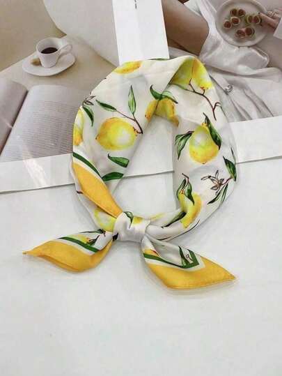 1pc Lemon Printed Bandana Silk Scarf For Decoration, Gift Wrapping, Headband