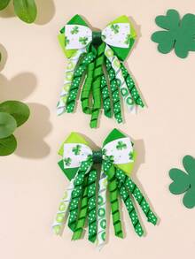 2pcs St. Patrick's Day Clover Print Hair Clips, White & Green Tassel Butterfly Claw Clips, Cute Curly Hair Clips, Four-Leaf Clover Hair Pins, Carnival Hair Clips, Women Hair Accessories - Multicolor - View 2
