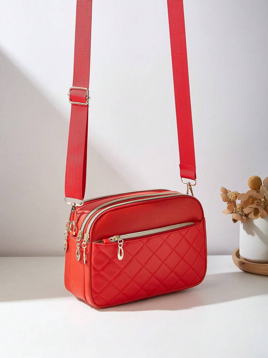 Fashionable Quilted Diamond Pattern Multi-Layer Crossbody Shoulder Bag For Women - Red - View 1