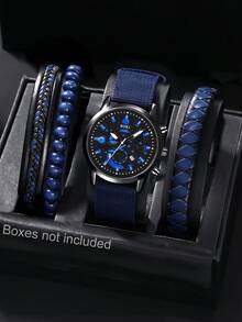LIANDU LIANDU 1 Set Men's Watch With Calendar Function, Casual Sports Fashion Industrial Style Round Dial Quartz Watch, Paired With Men's Leather Strap, Punk Style Bracelet Set, PU Braided Wrap-Around Strap, Suitable For Daily Wear, Birthday Gift, Party, Holiday Gathering, Ideal Gift For Yourself Or Friends. No Packaging Box Included. - Blue - View 3