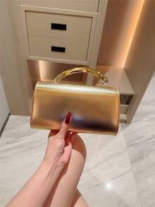 1件欧美时尚金属装饰迷你盒形手拿包，闪亮金属条镶嵌，优雅奢华，适合晚礼服、派对、婚礼、舞会、盛会等场合，皮革设计，配有金属链条 - 金色 - 查看 5
