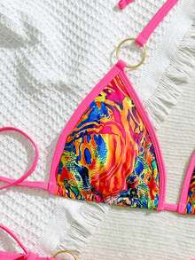 Conjunto de ropa de playa con estampado floral casual, con cordón y nudo en la espalda, adecuado para vacaciones de verano, escenario y concierto - Multicolor - Ver 6