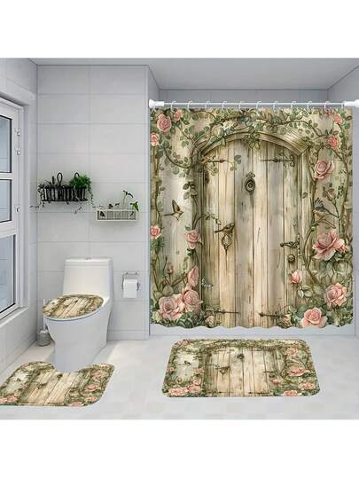 1/4 件套玫瑰花园印花浴帘套装，装饰浴室套装，包含印花浴帘、防滑垫、马桶盖套、浴垫和 12 个塑料挂钩，浴室配件，家居装饰